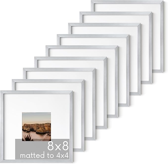 HAUS AND HUES 8x8 Silver Metal Picture Frames Matted to 4x4 - Premium Aluminum with Hanging Hardware, Shatterproof Plexiglass - Ideal for Home or Office (8x8 in, Silver, Set of 9)