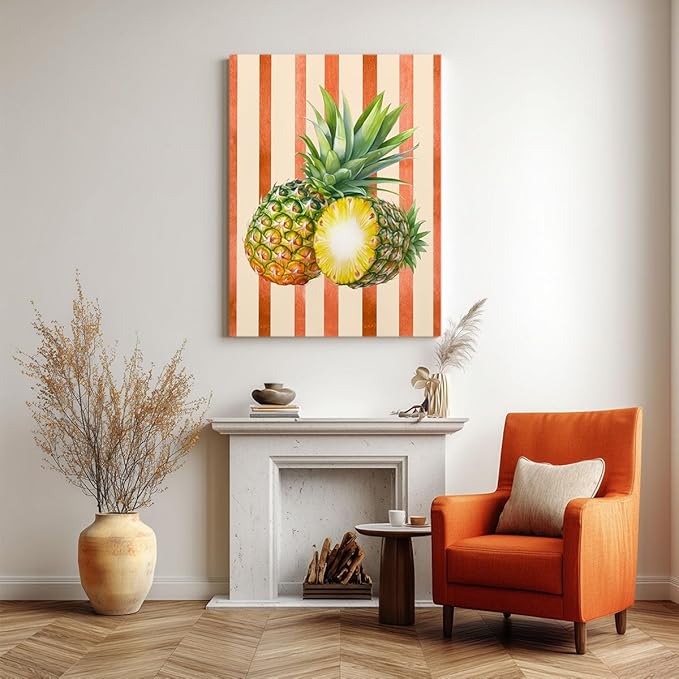 Pineapple Watercolor Wall Art – Tropical Fruit Canvas Print – Summer Kitchen Decor with Orange Stripes – Botanical Pineapple Illustration Poster 24x32inch-Unframed
