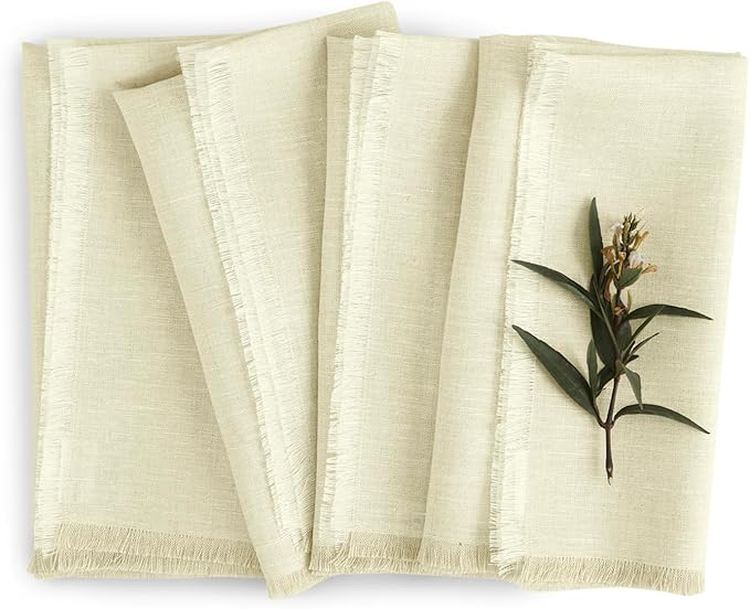 Solino Home Fringe Linen Napkins Set of 4-100% Pure Linen Creamy Ivory Dinner Napkins 20 x 20 Inch for Spring, Easter - Handcrafted and Machine Washable