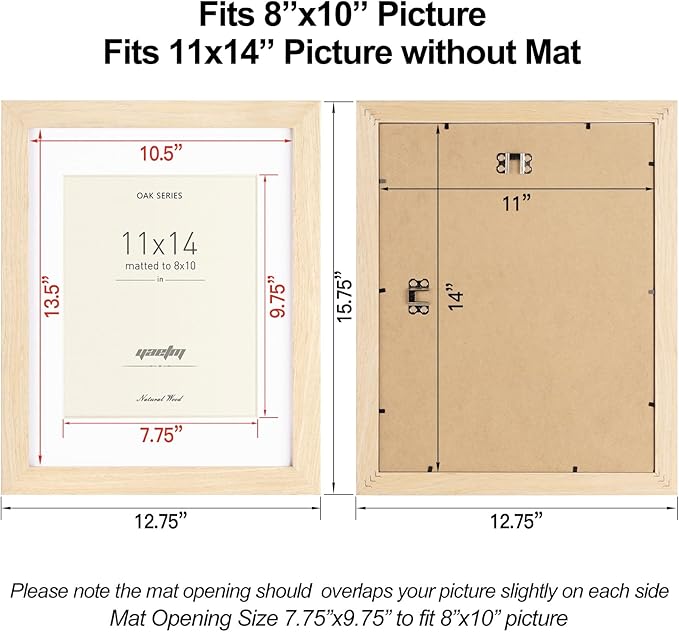Yaetm 11x14 Oak Wood Picture Frame with Mat for 8x10 Set of 3, Wide Molding, Natural Solid Wood Frame 11x14 with Tempered Glass for Wall Mount (3 pack, Oak)