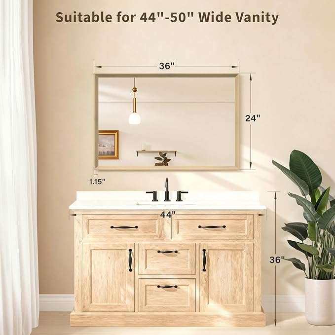 Oak Wood Effect Framed Wall Mirror, 24x36 Rectangle Mirror, 1/8" Anti-desilvering Tempered Glass, Sustainable& Sturdy Frame, Anti-Rust, HD Reflection &3min Fast Setup for Bathroom Living Room