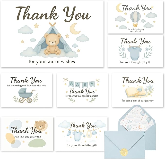 C2U Baby Shower Thank You Cards for Boy - 48 Pack with Envelopes & Gold Stickers,Baby Shower Greeting Cards Bulk for Newborn Party