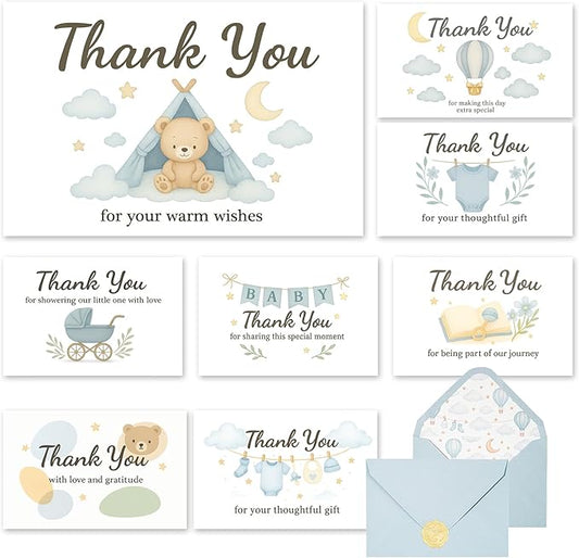 C2U Baby Shower Thank You Cards for Boy - 48 Pack with Envelopes & Gold Stickers,Baby Shower Greeting Cards Bulk for Newborn Party