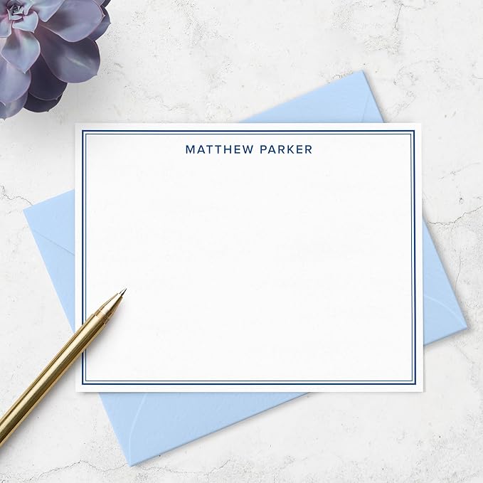 Personalized Note Cards Stationery for Men with Name and Border - Custom Stationary Set with Envelopes - Flat A2 Custom Notecards, Choose Your Colors and Set Size (Double Border Modern Font)