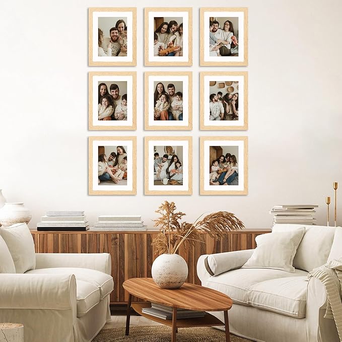 8x10 Picture Frame Set of 9, Display Pictures 5x7 with Mat or 8 x 10 Without Mat, Multi Photo Frames for Wall Mounting or Table Top Display, Natural Oak