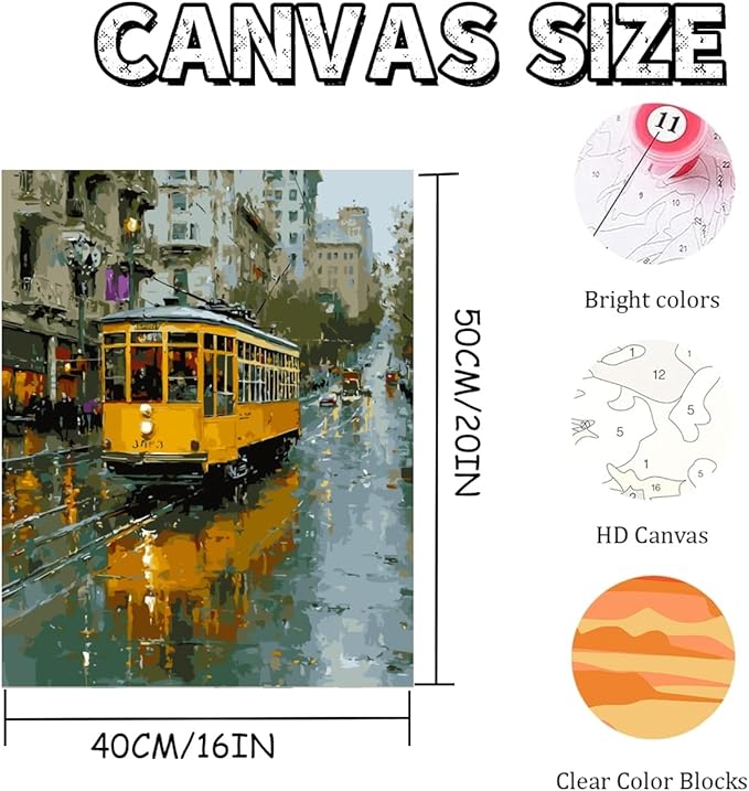 Adult Paint by Number Kits on Canvas, Yellow Lisbon Tram Portugal Paint by Numbers for Adults Beginner, DIY Acrylic Oil Easy Painting by Numbers for Home Wall Decor 16X20 inch (Without Frame)