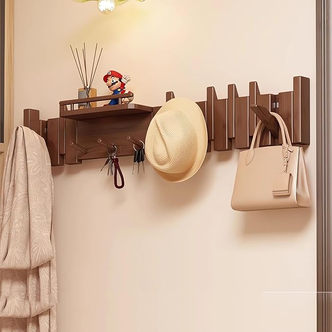 Wall Mounted Coat RackHooks Piano Key Hangers Natural Solid Wood Hanger Non-Woven Fabric Clothes Hangers for Closet, Kitchen, Bedroom, Bathroom, Entryway (Innovate-Walnut, 12 Hooks)