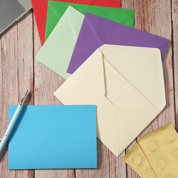 50 Pack A6 Colorful Envelopes with 4x6 Blank Heavy Colored Folded Cardstock and Gold Stickers for Greeting Cards, Wedding, Birthday Party, Baby Showers, Invitations (4x6)