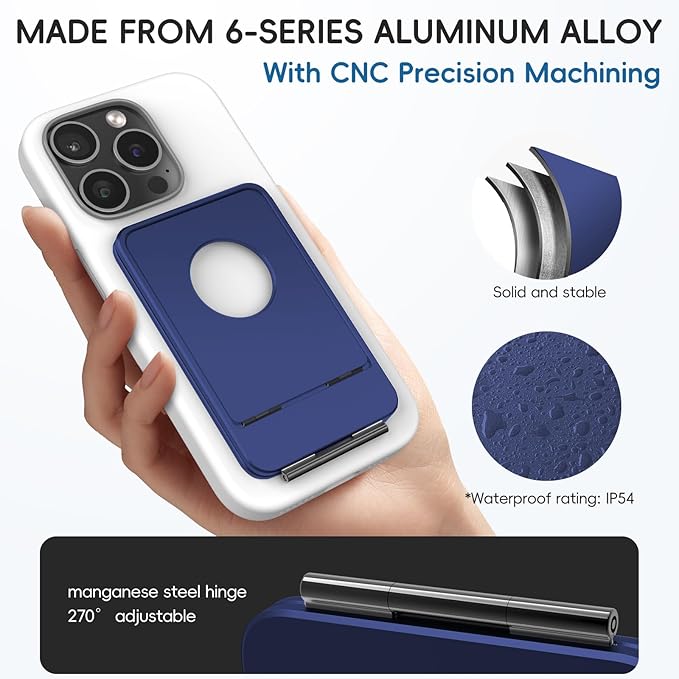 Cell Phone Stand,Adjustable Height and Angle Foldable Phone Holder for Desk, Aluminum Cell Phone Holder,Strong Magnetic Phone Stand Compatible with iPhone 16/15/14/13/12 Series (Navy Blue)
