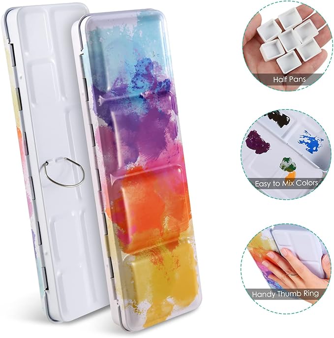 PEVART Empty Watercolor Palette Tins Box Metal Paint Case with Fold Out Palette, Medium Colorful Watercolor Tray Palette with 37 Half Pans and a Water Color Pen for DIY Travel Watercolor Palette