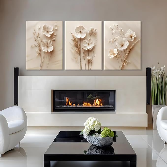 3Pcs Framed Neutral Beige Floral Canvas Wall art Modern Simple Texture Plant Painting Wall Decor Vintage Flower Poster Prints for Living Room Bedroom Farmhouse16x12in Ready to Hang