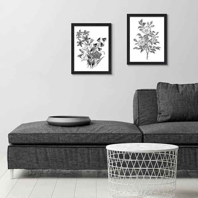 JOWOROLO Framed Vintage Botanical Prints, Black and White floral Canvas Wall Art, Farmhouse Decor Pictures for Living Room, Aesthetic Poster for Bedroom, Set of 2 Rustic Artwork, Boho Decor 12"x16"