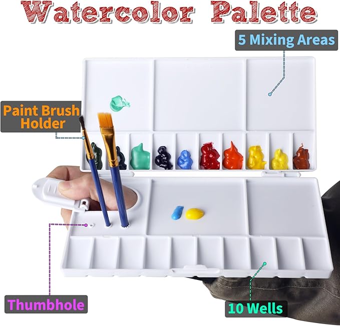 5 Pack Watercolor Palette with 20-Well and 5 Mixing Areas, Folding Paint Tray with Lid, Plastic Painting Palette for Kids, Beginners, Artists