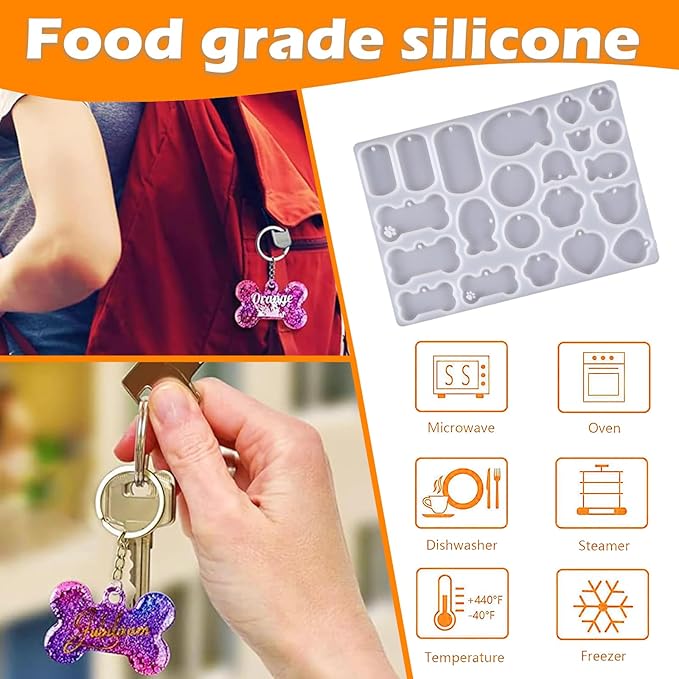 SAGOOITS Pet Tag Resin Mold Silicone,with Letter Resin Stickers and 10Pcs Keychains,Dog Tag Molds for Resin, Bone Cat Shaped Keychain Silicone Resin Molds DIY Crafts Making Tag Charm Pendant
