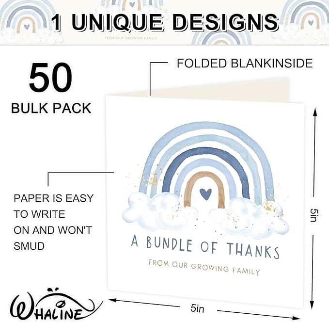 Whaline 50 Pack Blue Rainbow Thank You Cards Boxed 5 x 5 Inch A Bundle of Thanks From Our Growing Family Note Cards with Envelope Sticker Greeting Blank Card for Birthday Baby Shower