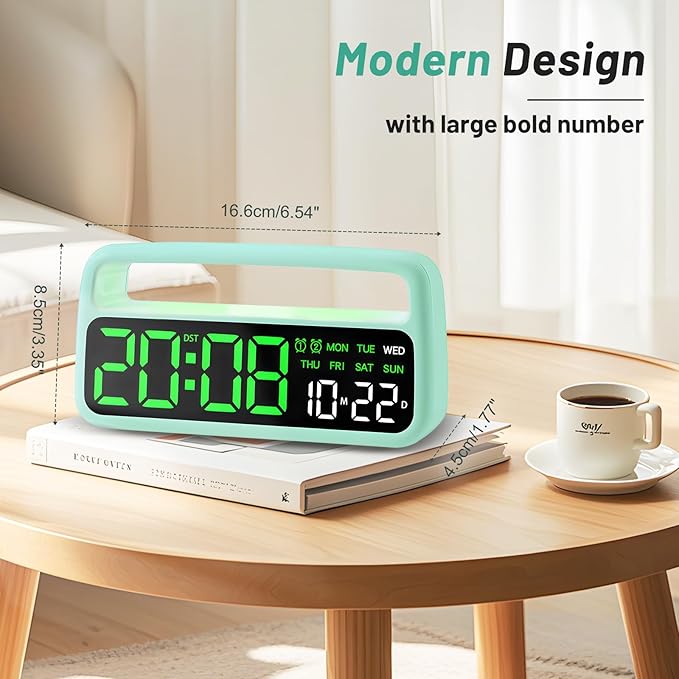 Digital Alarm Clock for Bedroom, Plug-in Digital Bedside Clock with Night Light, Large Display, Dual Alarm, Snooze, Dimmable for Adults Kids Teens, Green