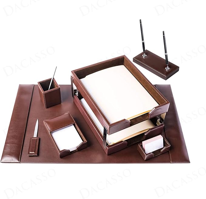 Dacasso Dark Brown Bonded Leather Luxury 9-Piece Desk Set - Blotter Pad & Desk Organization Essentials - Executive Decor and Surface Protector