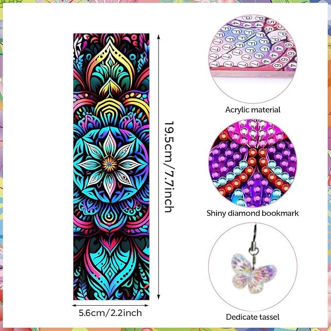 Puraikcmi 6 PCS 5D DIY Diamond Art Bookmarks,Mandala Diamond Painting Bookmarks Kits with Tassels Acrylic, Rhinestone Crafts Decoration Gift Set for Book Lovers Beginners & Adults