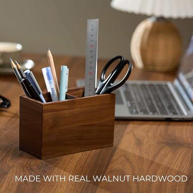 Walnut Pencil Holder (Double Slots) Wood Pen Holder for Desk