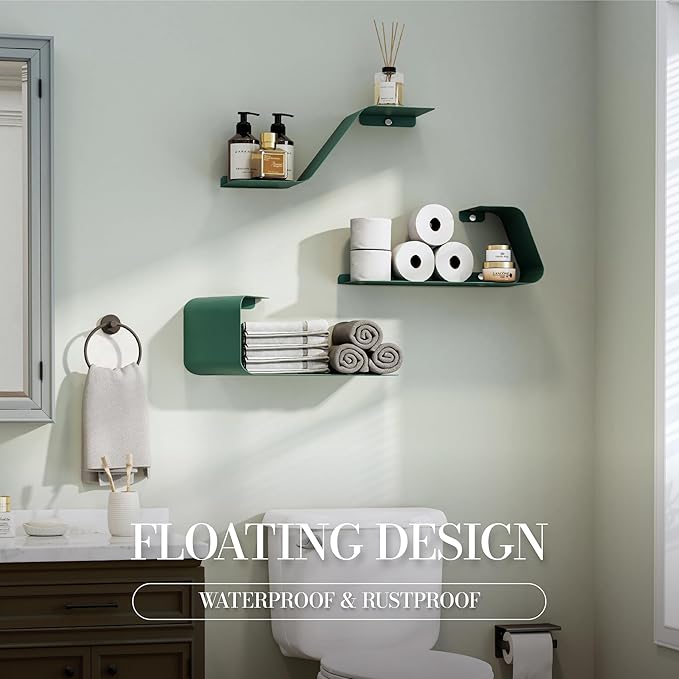 Floating Shelves, Wall Shelf Decor, Set of 3 Mounted Metal Shelves with Unique Design for Wall Storage, Book Shelf, Display Shelves for Bathroom Bedroom Kitchen Living Room for Home Green