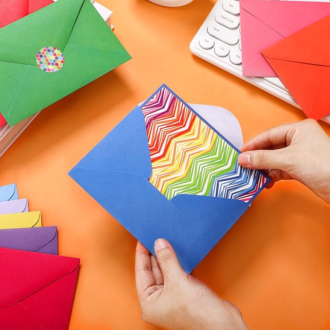 100 Pcs Blank Cards with Envelopes 4x6, Bright Patterns Blank Greeting Cards, 10 Designs, Ideal Stationary Set for All Occasions, Stationary with Matching Colored Envelopes and Stickers
