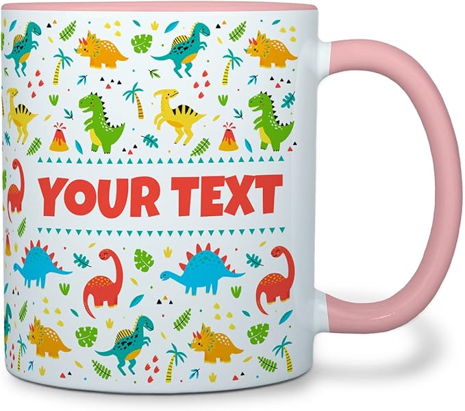Personalized Mug for Kids - Dinosaurs - Custom Name/Text, Ceramic Hot Chocolate/Cocoa/Coffee Cup for Boys/Girls, Birthday/Christmas/Holiday Gift - 11 oz, Pink Handle