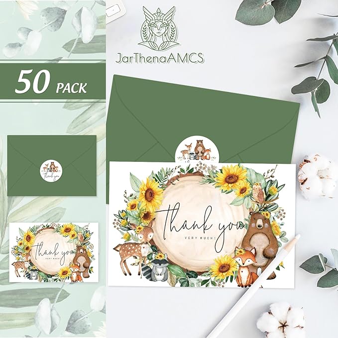 JarThenaAMCS 50 Pack Woodland Sunflower Thank You Cards Greenery Forest Animal Greeting Cards with Envelopes Stickers Blank Note Card for Birthday Baby Shower, 4 x 6 Inch
