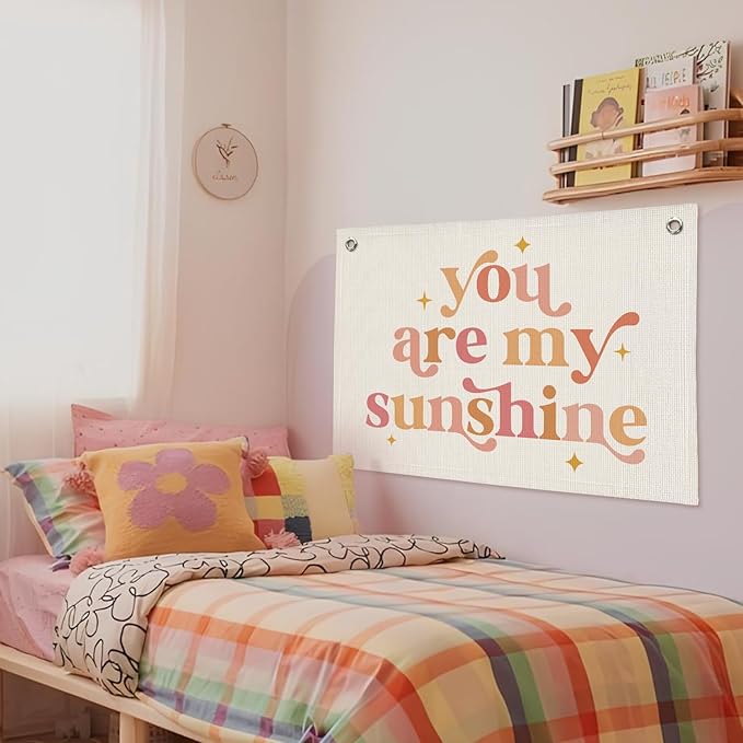 Girls Room Decor, Baby Girl Nursery Baby Shower Decor Gift, You are My Sunshine Linen Canvas Banner, Pink Boho Wall Hanging Banner Flag 20x30 Inch