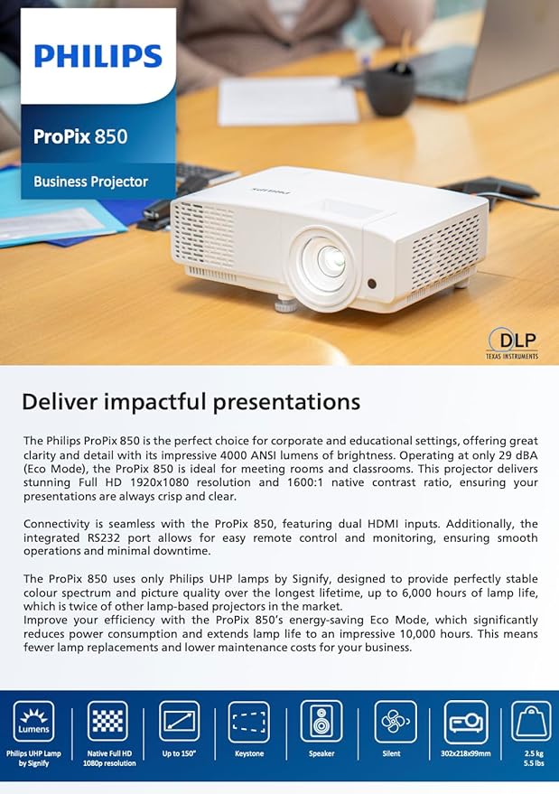 Philips, Propix 850, Professional Video Projector, DLP, Home Cinema, Advanced Image Correction, 1920 x 1080 Pixels, Full HD, 2-Watt Internal Speakers, Lumens: 4000 ANSI, White