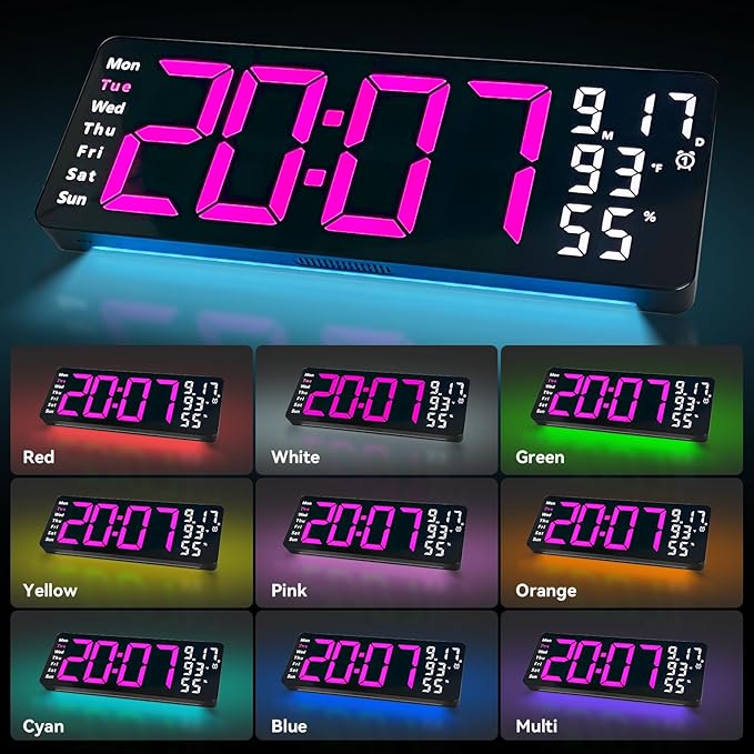Digital Wall Clock Large Display, 17.3" Digital Clock with RGB Color Remote Control, Auto-Dimming Big Wall Clock with Night Light,Auto DST,Date Week,Temp for Home Decoration, for Elderly (Rose red)