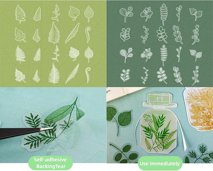 120 Pieces Leaf Vein Theme PET Stickers Set, 6 Pack Nature Ephemera for Scrapbooking, Journaling, DIY Crafts, and Art Supplies