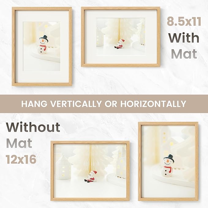 12x16 Picture Frame, USA-Sourced Natural Oak Wood Photo Collage Frame with HD Tempered Glass, Modern Simple 12 x 16 Wooden Frame Matted to 8.5x11, Vertical & Horizontal Wall Hanging Display