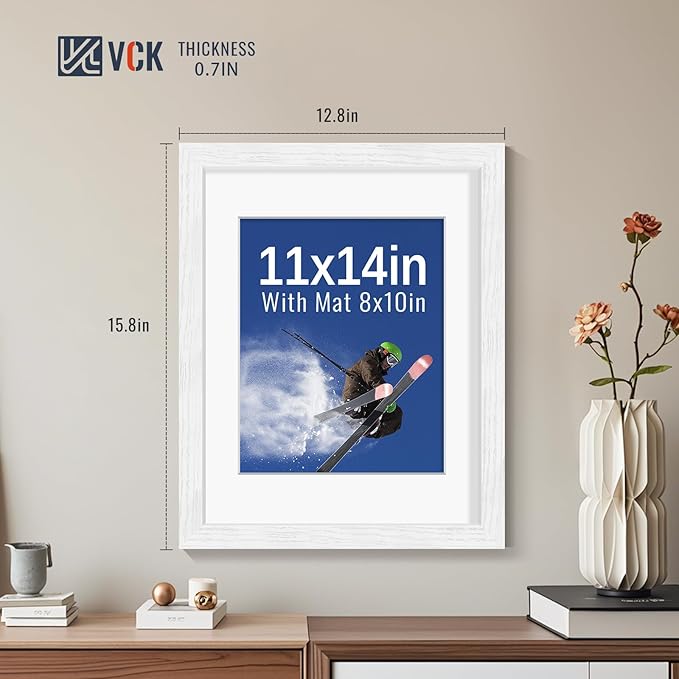 VCK 11x14 Picture Frames White Set of 5, Wide Border Wood, Tempered Glass, Display 8x10 Poster Photo with Mat or 11 x 14 Without, for Home, Office, Gallery, Woodgrain Series, Wall Hanging