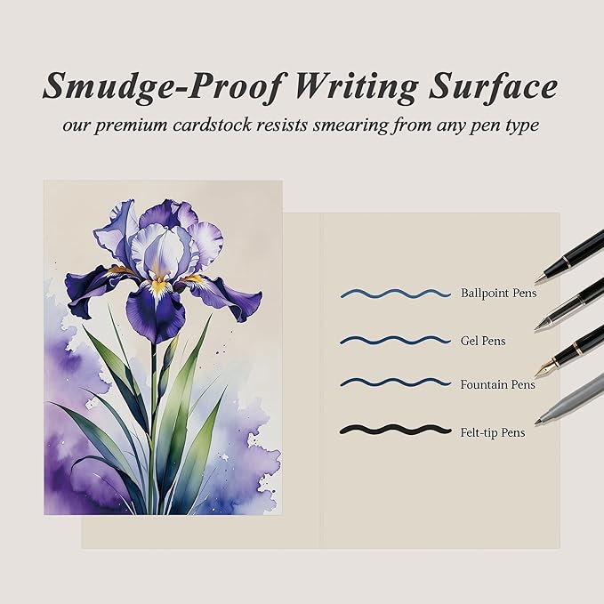 Blank Inside Greeting Card with Envelope for All Occasions, 5x7 Inch Elegant Watercolor Iris Card – Birthday, Sympathy, Thank You - Single Card