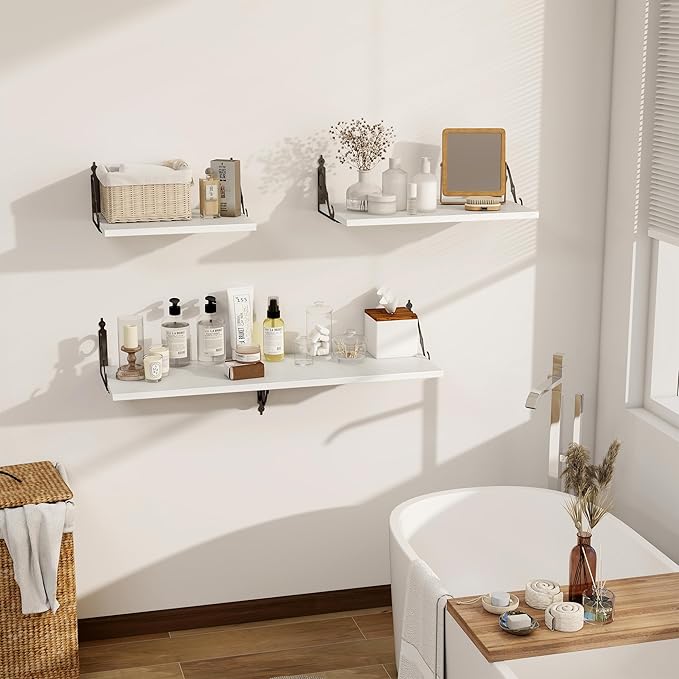 Dreamland Deep Floating Shelves, 55" W x 12" D Wall Shelves Set of 2, Wide Display Shelf Wall Mounted with Brackets, Bookshelf for Living Room, Bathroom, Bedroom, White