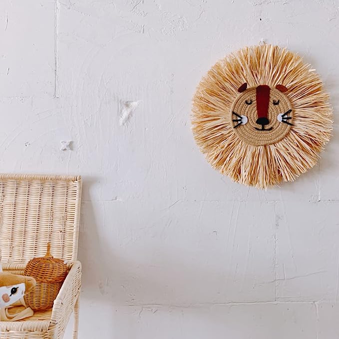 Charlbytion Wall Art Animal Head Hand Knitted Hanging,Cotton Thread Weaving Straw Cartoon Tassel Beard Lion Tiger Macrame Pendant Nursery Room Wall Decor for Home Decoration (16''*16'', F)