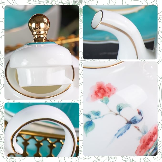 KAMMAK Tea Pot and Cups Set for Adults, Bone China Tea Cup and Saucer with Teapot, Porcelain Coffee Cups and Pot, Teapot with Tray and Gift Box for Latte, Afternoon Tea Party