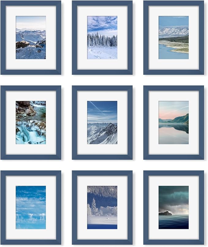 8x10 Picture Frame Set of 9, Display Pictures 5x7 with Mat or 8 x 10 Without Mat, Multi Photo Frames for Wall Mounting or Table Top Display, Blue