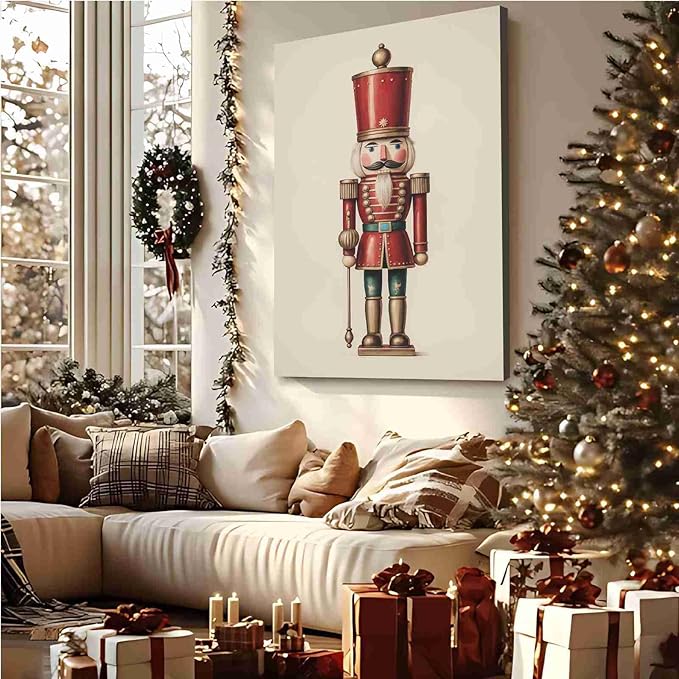 Nutcracker Christmas Wall Art Festive Christmas King Holiday Print Classic Soldier Nutcracker Vintage Holiday Canvas Painting Indoor Decor for Home Offices Living Room Bedroom Framed Ready to Hang