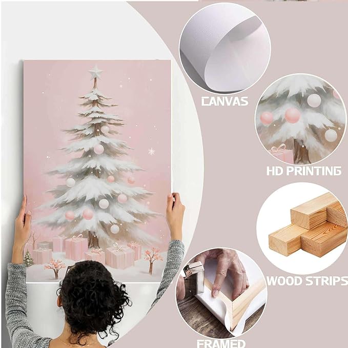 Framed Canvas Wall Art Pink Christmas Tree Wall Art Print Holiday Poster Trendy Christmas Decor 24x36in Wood Framed