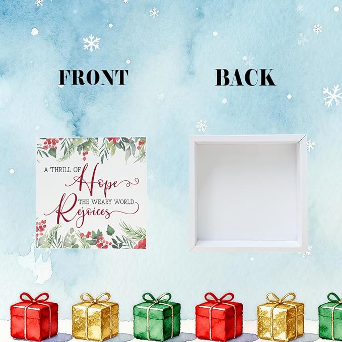 Christmas Wooden Desk Decor Sign, A Thrill of Hope The Weary World Rejoices Wooden Box Sign, Winter Christmas Home Plaque for Living Room Bedroom Office Table Top Decor 5x5 Inches