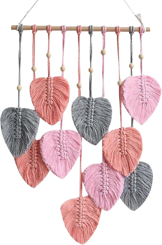 LB Macrame Wall Hanging Decor, Boho Chic Feather Wall Decor Macrame Photo Wall Hanging Handmade Yarn Woven Wall Art Pink Leaf Tapestry for Bedroom Living Room Nursery Office Backdrop, 16x35 Inch