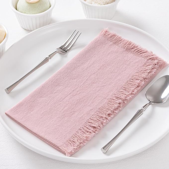 6 Pack Pink Cotton Linen Napkins with Fringe Spring Cloth Napkins Set of 6 Boho Handmade Dinner Napkins Bulk for Wedding Bridal Baby Shower Valentine's Day, 17 x 17 Inches