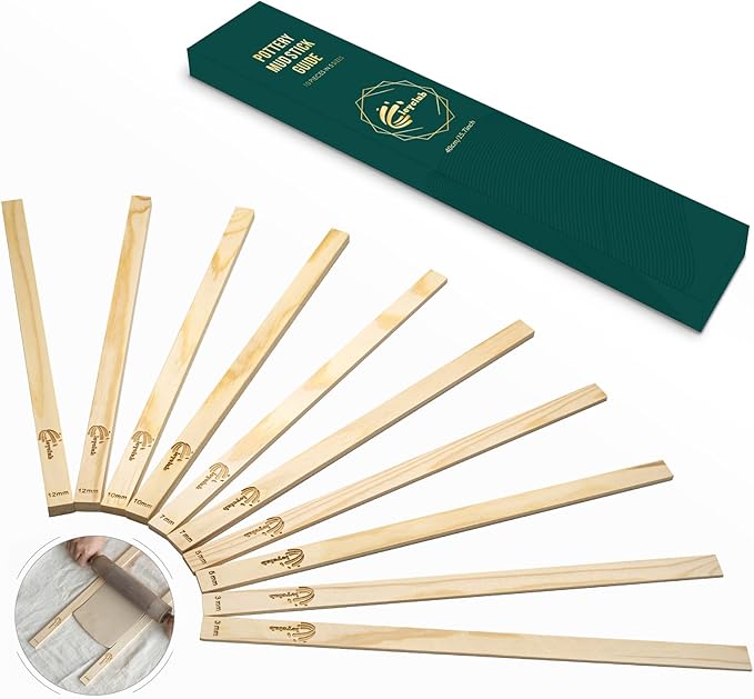 10PCS Pottery Tools, LEYCLUB Clay Rolling Pin Set with 5 Size Mud Stick Guide for Precise Clay Thickness, for Hobbyists, Potters (L- 15.7 inch / 40 cm)