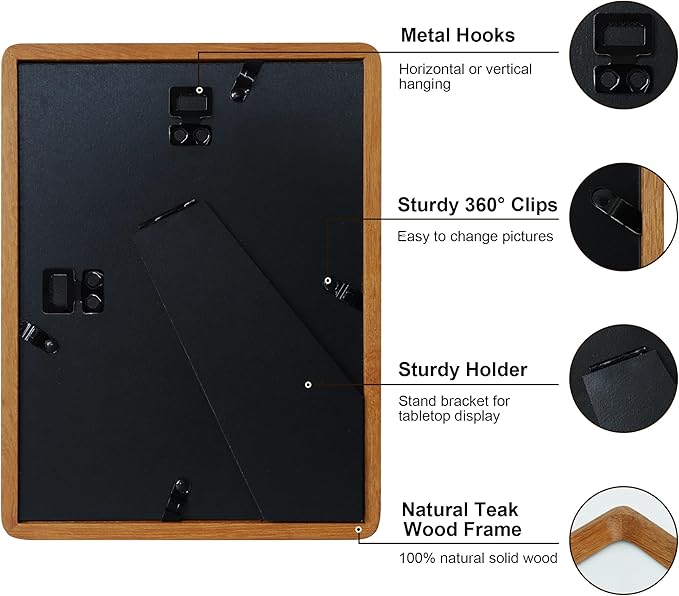 6x8 Picture Frame Natural Teak Wood with Mat for 5x7, Original Natural Solid Wood 6 by 8 Photo Frames with Tempered Glass Cover for Wall and Tabletop Display