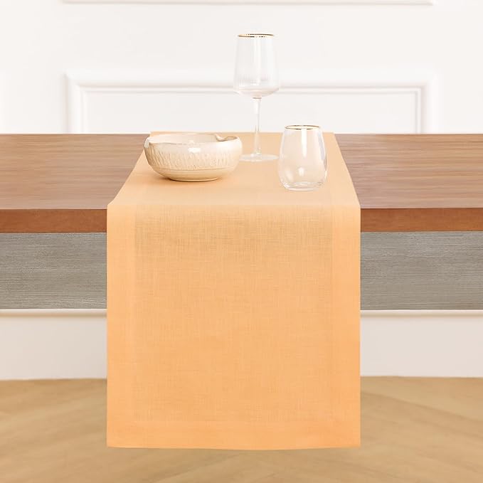 Solino Home Linen Peach Table Runner 48 Inches - 100% Pure Linen Short Table Runner 14 x 48 Inch Ideal for Dresser and Coffee Tables, Valentines, Spring, Easter - Fete