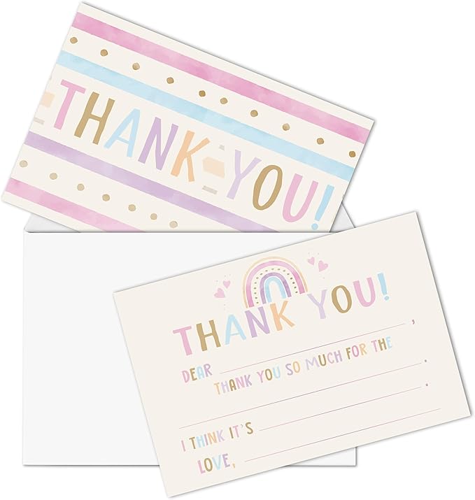 Boho Kids Thank You Cards, Rainbow Thank You Card For Baby Shower Birthday Party, Kids Fill In The Blank Birthday Cards, 20 Pack Cards With Envelopes For Boys Girls, 016