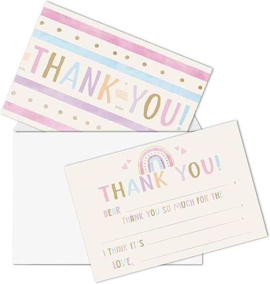 Boho Kids Thank You Cards, Rainbow Thank You Card For Baby Shower Birthday Party, Kids Fill In The Blank Birthday Cards, 20 Pack Cards With Envelopes For Boys Girls, 016