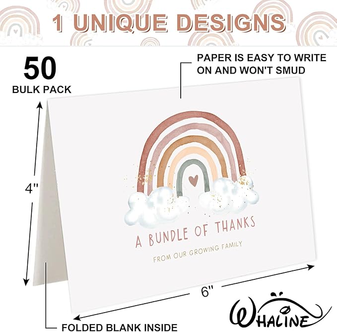 Whaline 50 Pack Baby Shower Thank You Cards Bulk Boho Rainbow Thank You Note Cards with Envelopes Stickers Blank Card for Baby Shower Fall