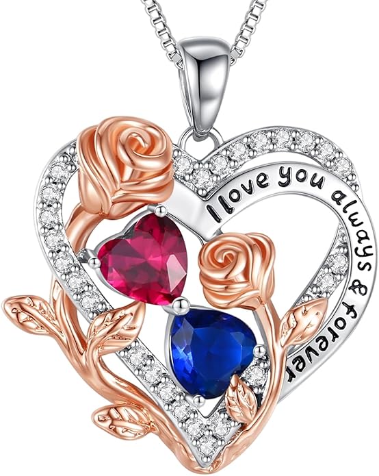 I Love You Birthstone Necklace, 925 Sterling Silver Heart Pendant with CZ Diamond Stones, Birthday Gifts for Women, Romantic Gift for Wife, Girlfriend, Her, Anniversary, Valentine's Day, Christmas